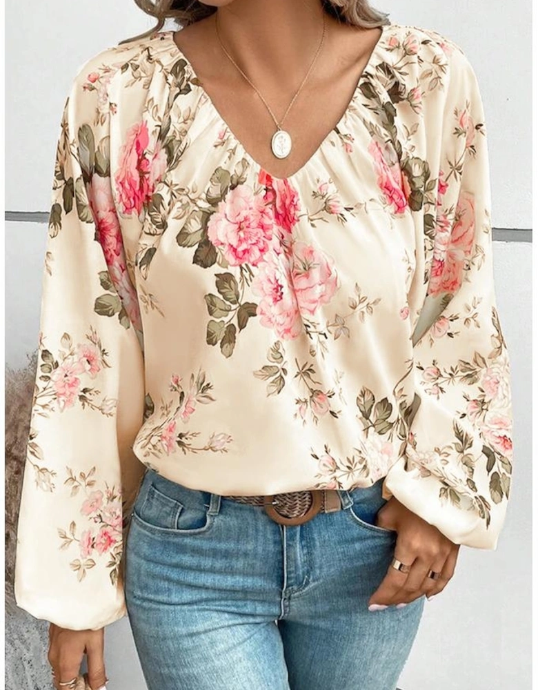 Beige Floral Print Lantern Sleeve V-Neck Blouse