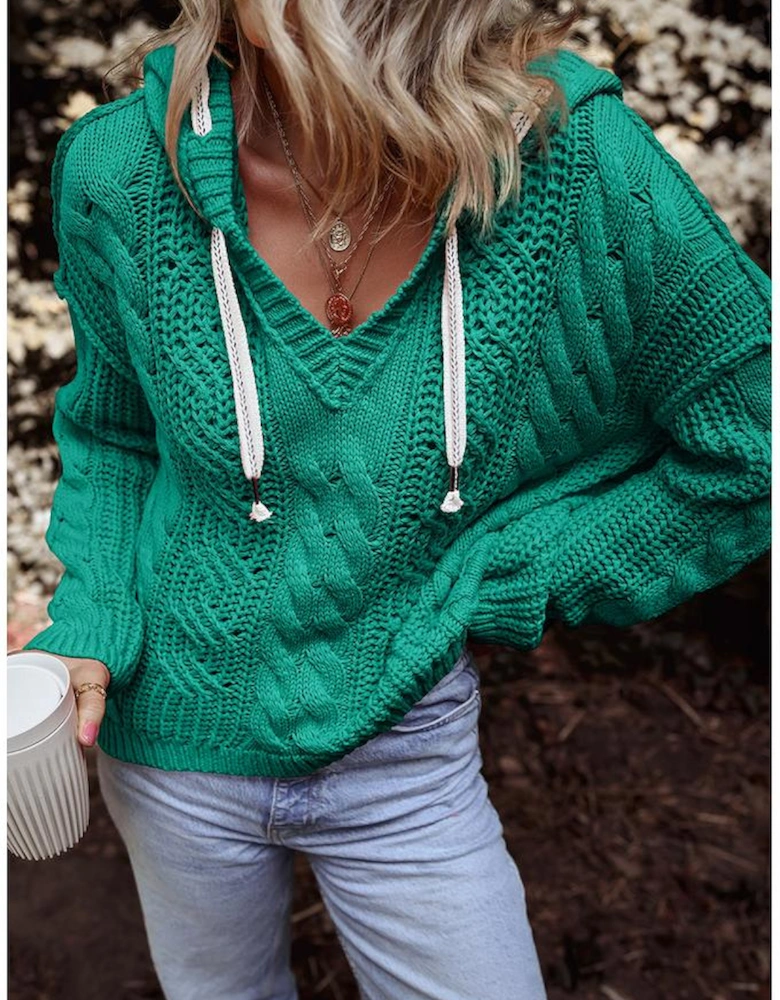 Sea Green Cable Knit V Neck Contrast Drawstring Hooded Sweater