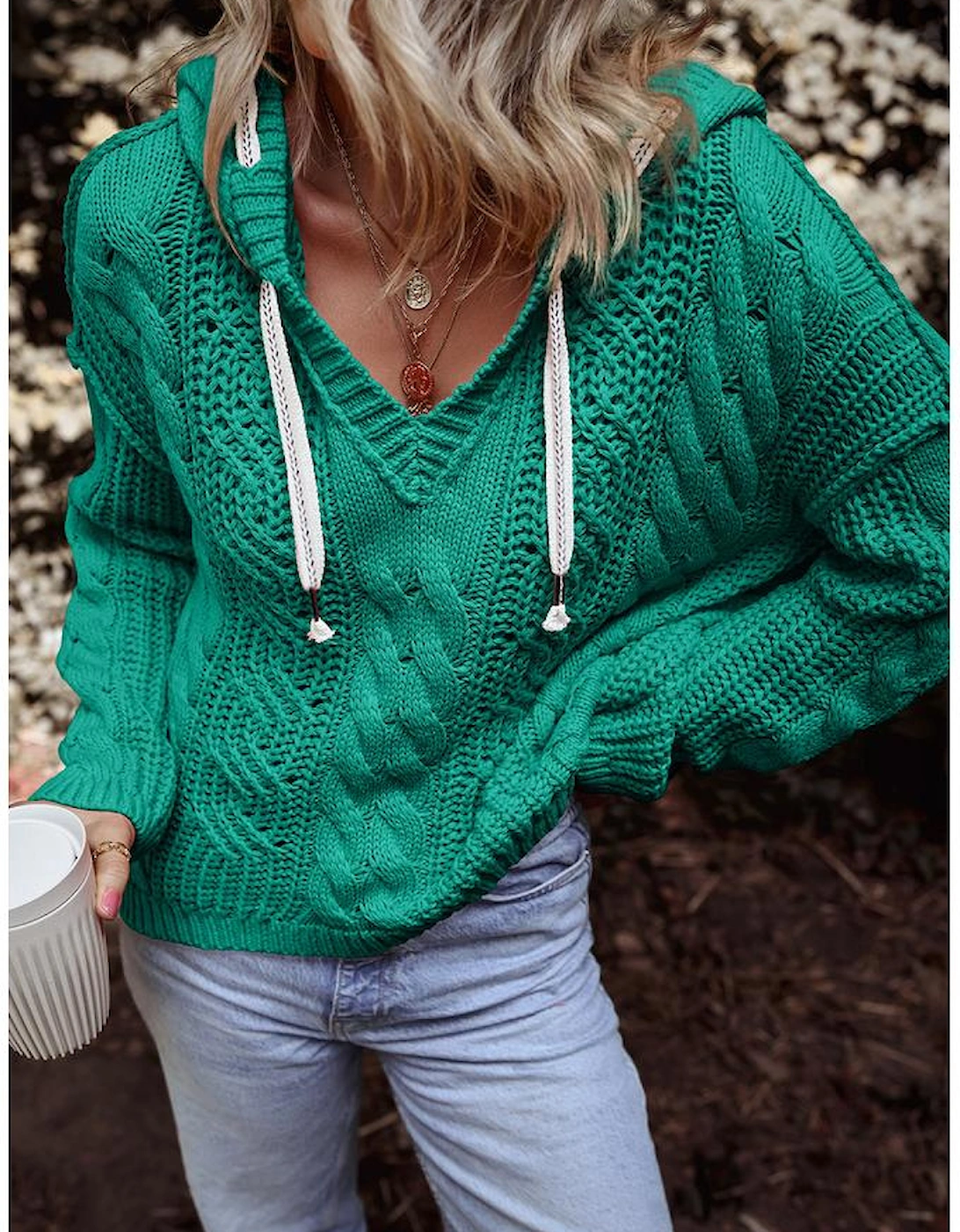 Sea Green Cable Knit V Neck Contrast Drawstring Hooded Sweater