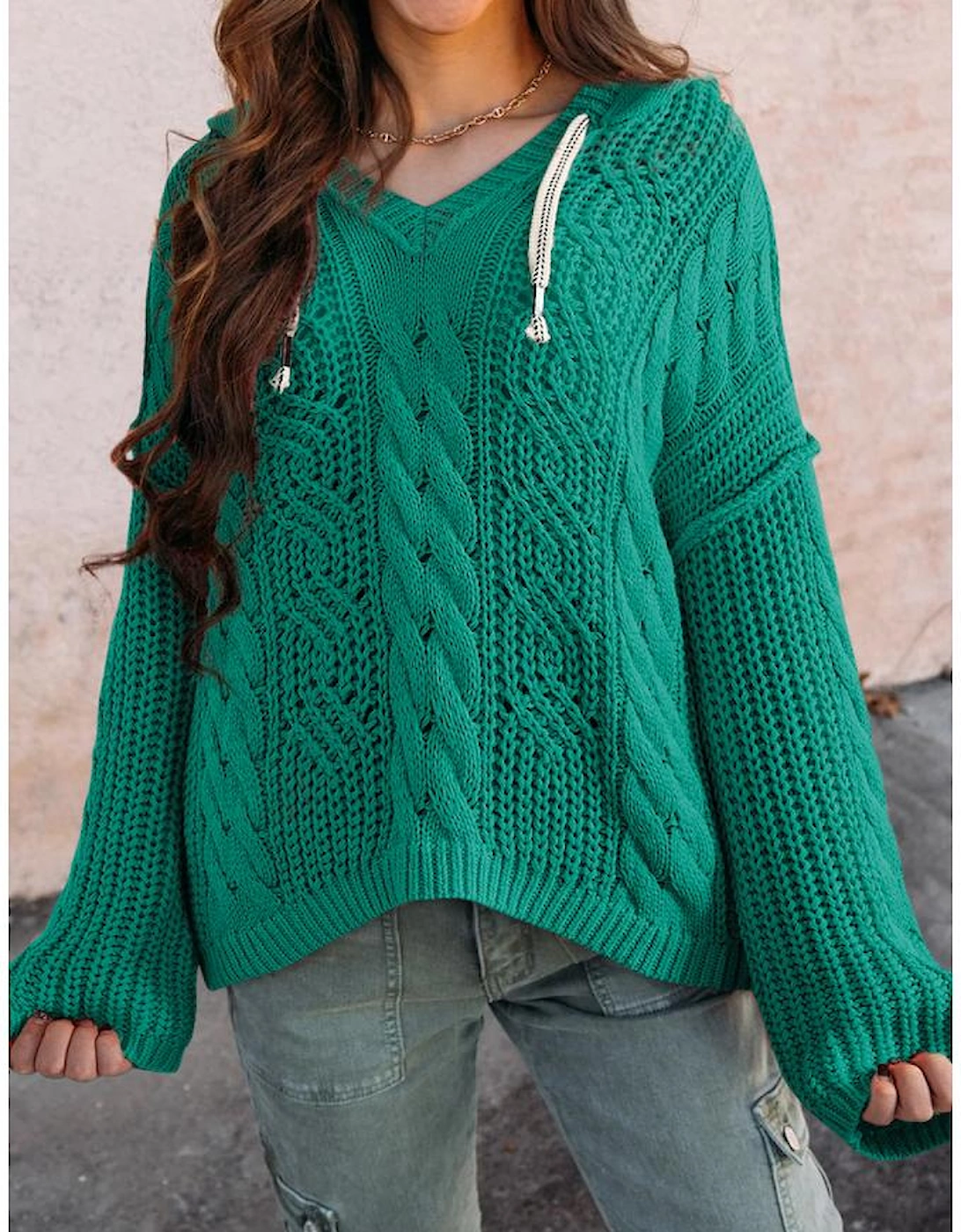 Sea Green Cable Knit V Neck Contrast Drawstring Hooded Sweater