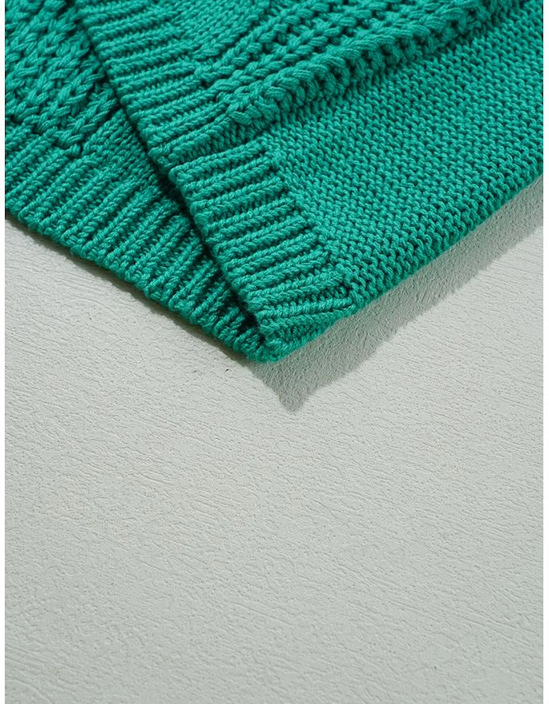 Sea Green Cable Knit V Neck Contrast Drawstring Hooded Sweater