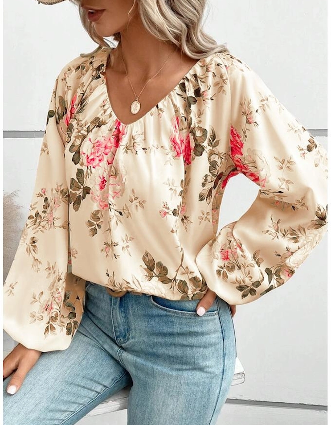 Beige Floral Print Lantern Sleeve V-Neck Blouse