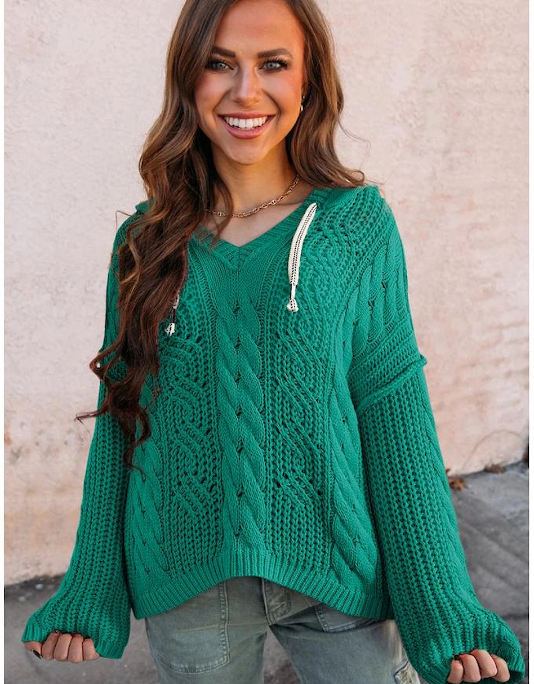 Sea Green Cable Knit V Neck Contrast Drawstring Hooded Sweater
