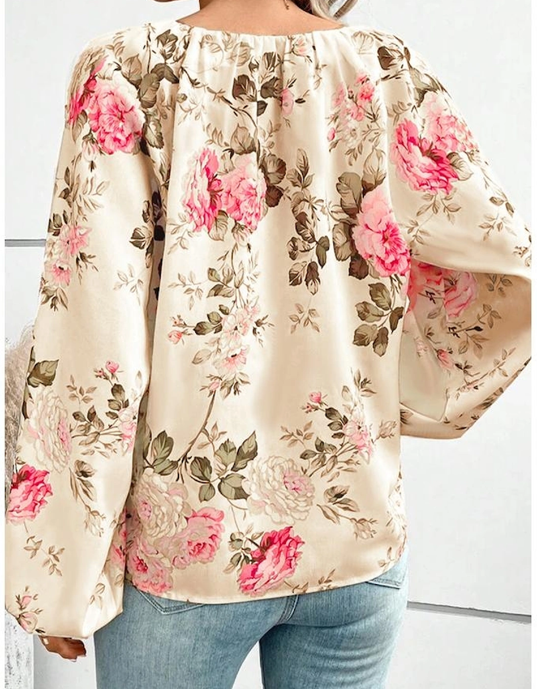 Beige Floral Print Lantern Sleeve V-Neck Blouse
