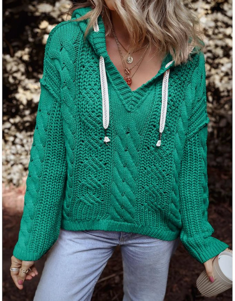 Sea Green Cable Knit V Neck Contrast Drawstring Hooded Sweater