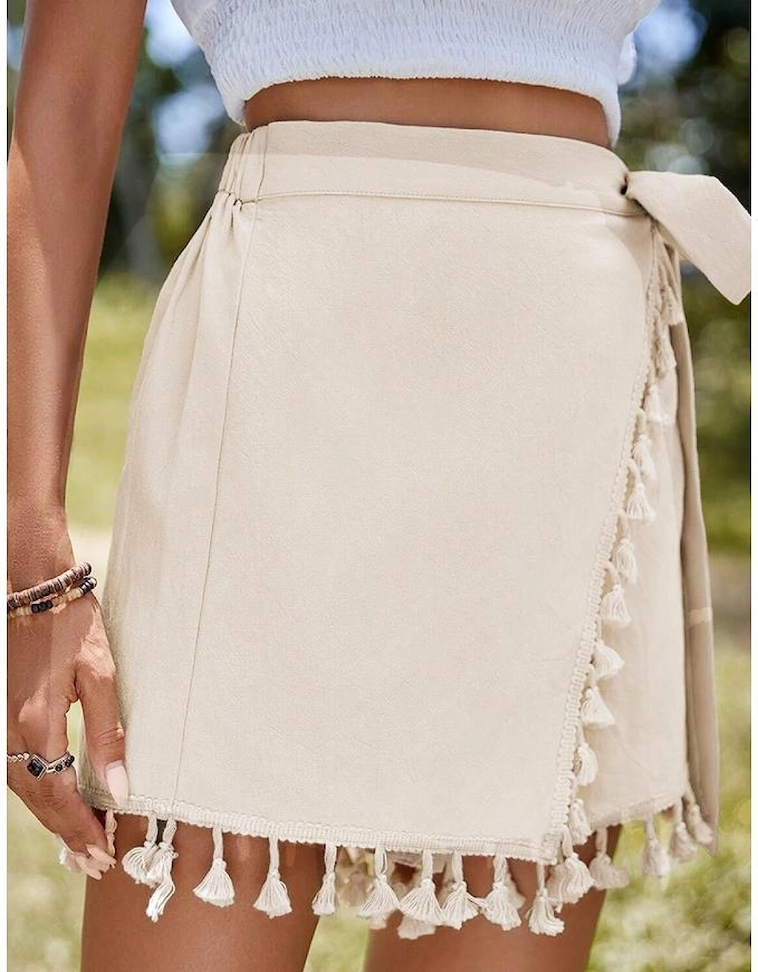 Apricot Tassel Trim Wrap Knot Side Bohemian Style Mini Skort