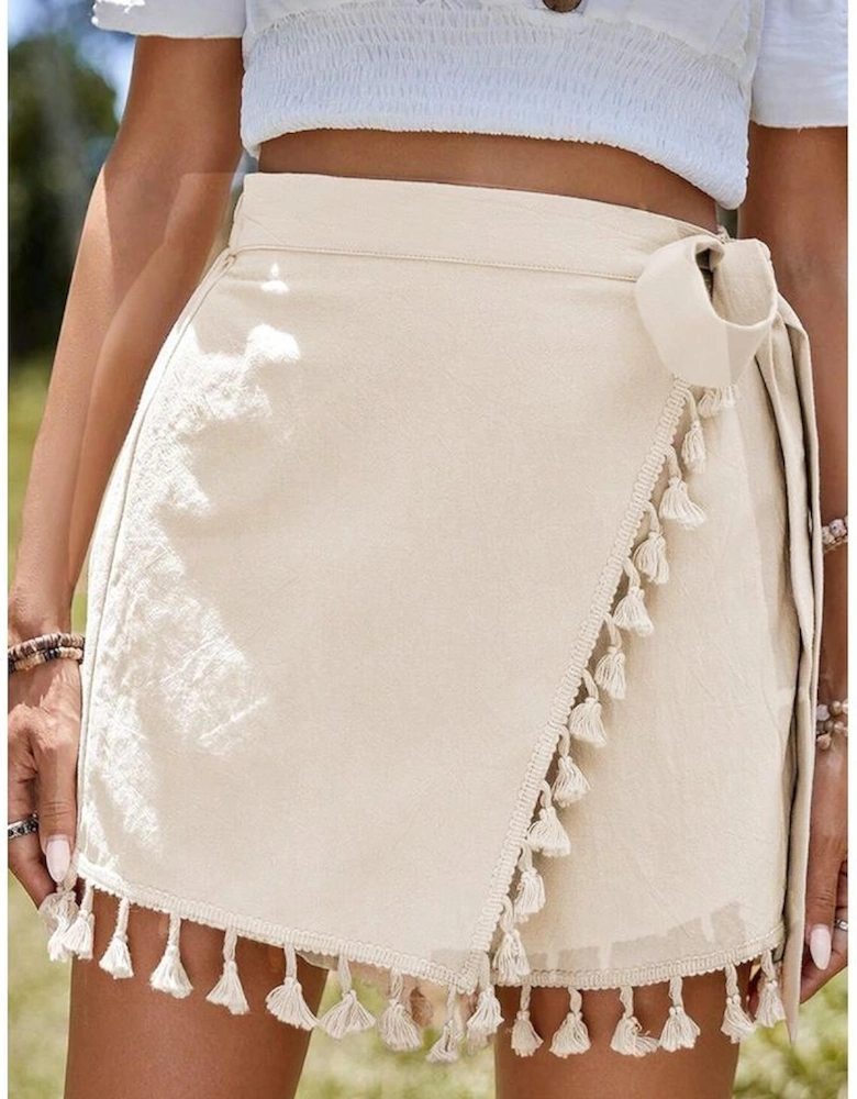 Apricot Tassel Trim Wrap Knot Side Bohemian Style Mini Skort