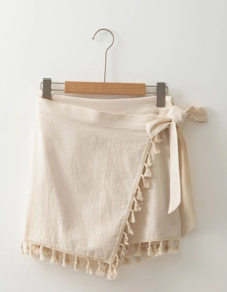 Apricot Tassel Trim Wrap Knot Side Bohemian Style Mini Skort