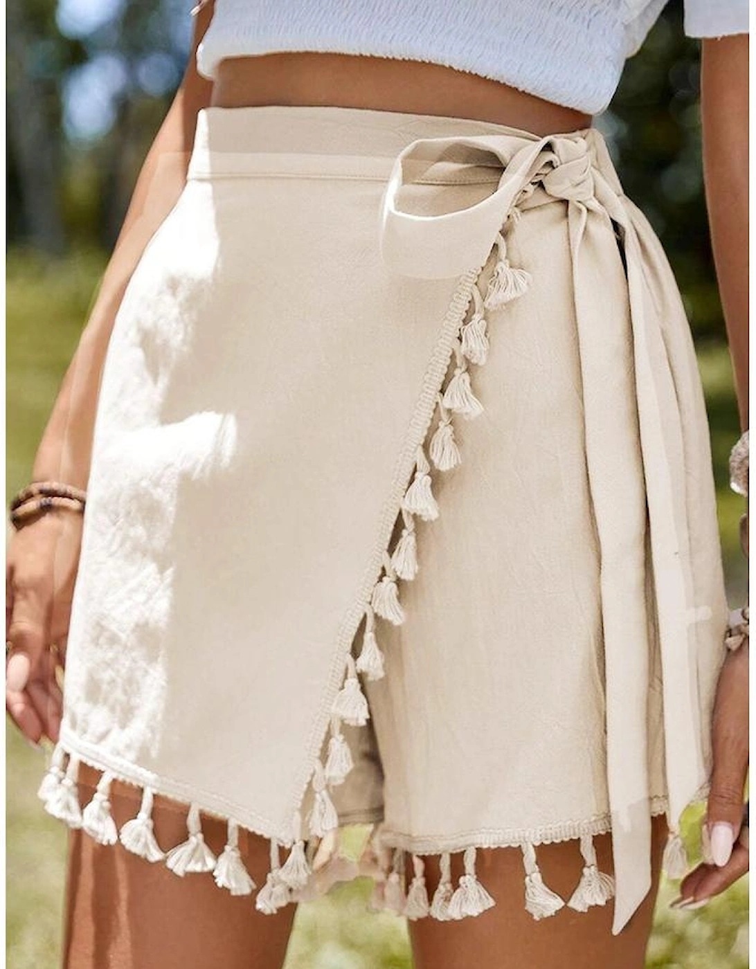 Apricot Tassel Trim Wrap Knot Side Bohemian Style Mini Skort