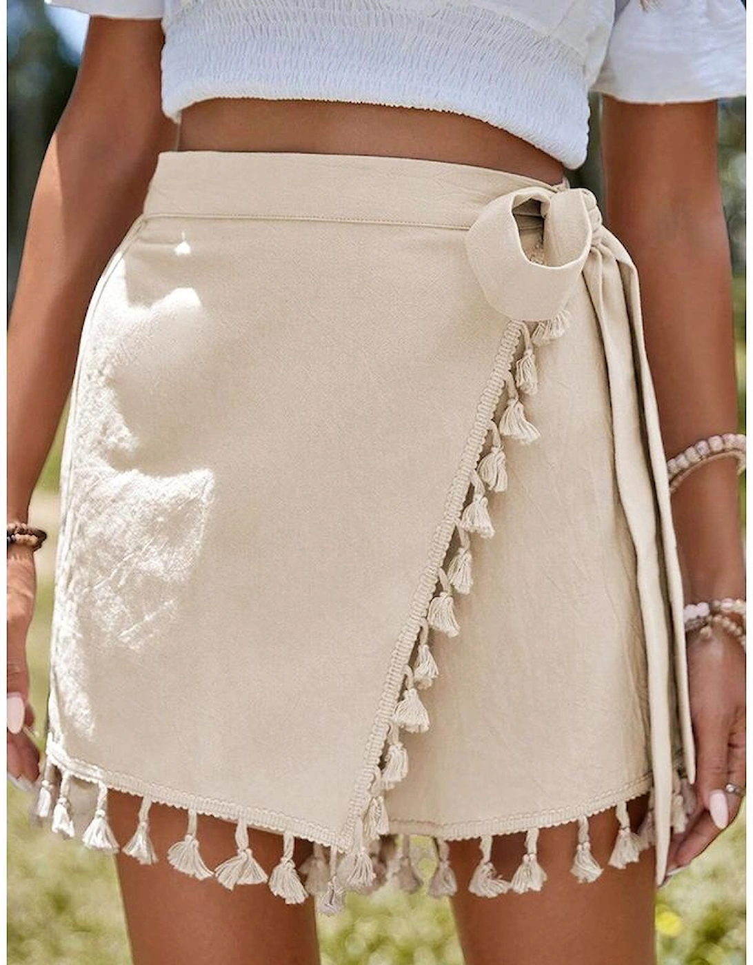 Apricot Tassel Trim Wrap Knot Side Bohemian Style Mini Skort