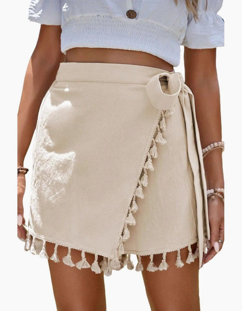 Apricot Tassel Trim Wrap Knot Side Bohemian Style Mini Skort
