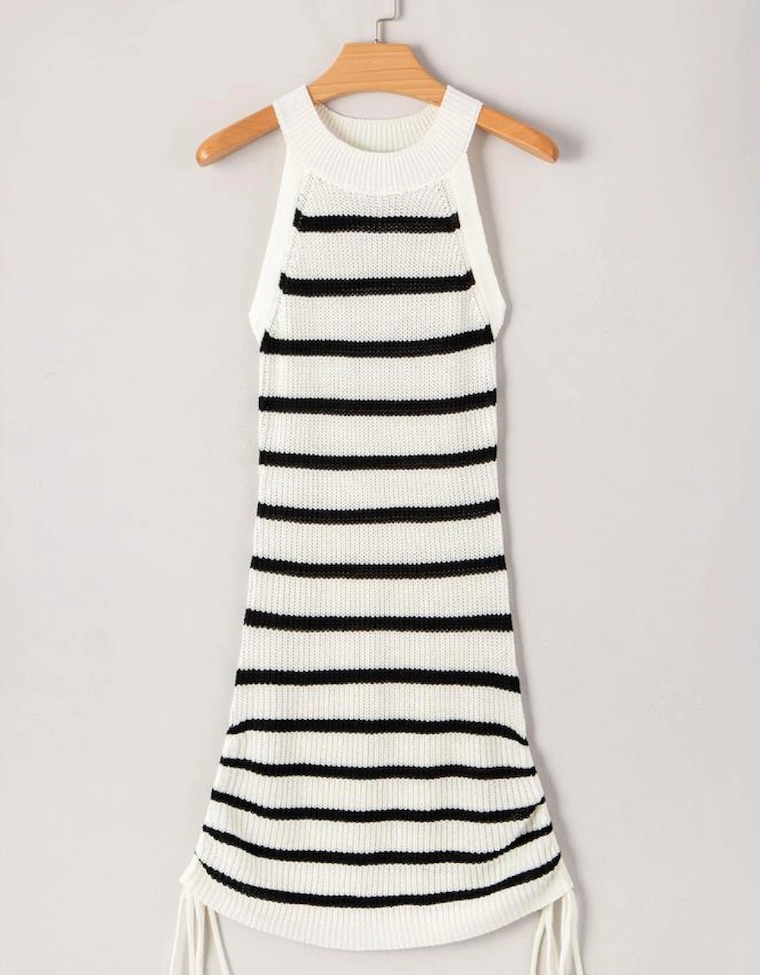Black Stripe Knitted Drawstring Detail Sleeveless Dress