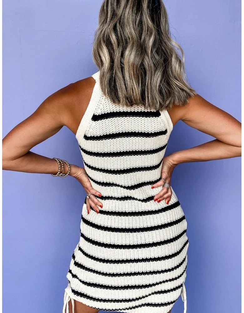 Black Stripe Knitted Drawstring Detail Sleeveless Dress