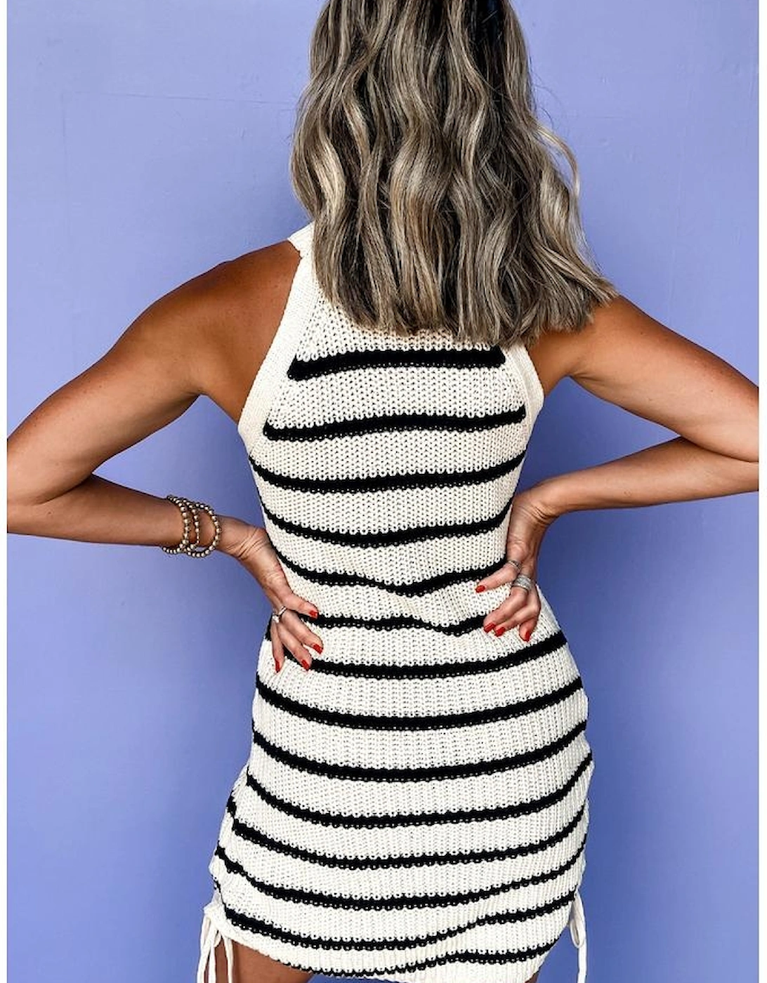 Black Stripe Knitted Drawstring Detail Sleeveless Dress