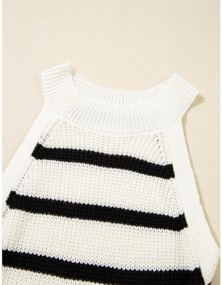 Black Stripe Knitted Drawstring Detail Sleeveless Dress