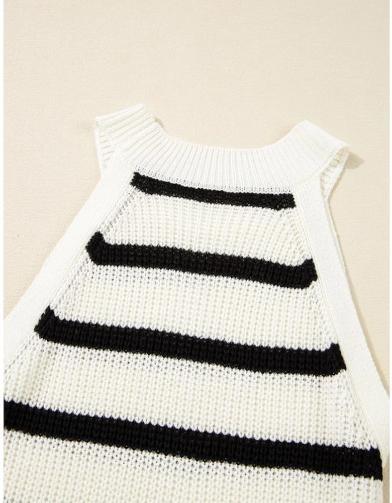 Black Stripe Knitted Drawstring Detail Sleeveless Dress