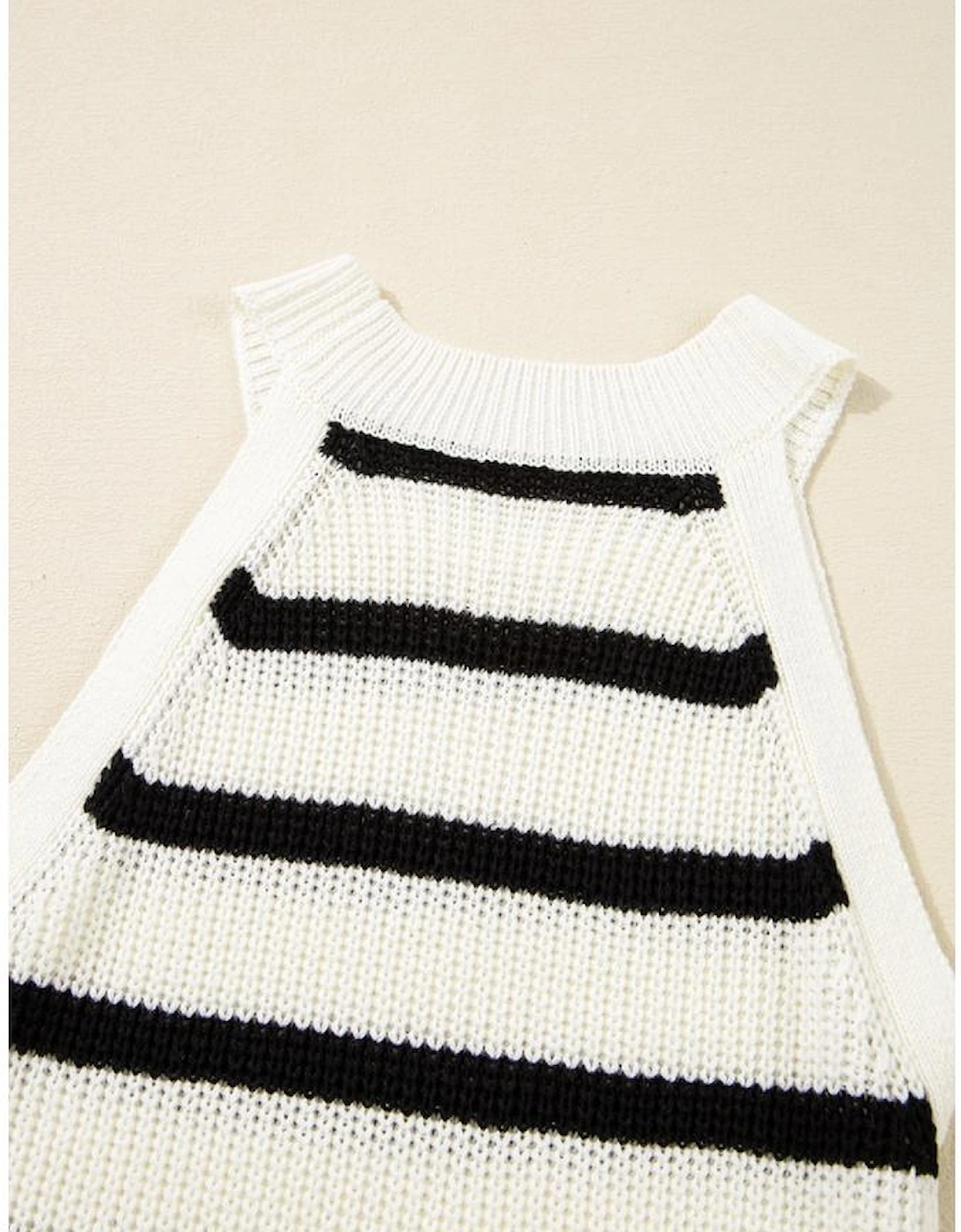 Black Stripe Knitted Drawstring Detail Sleeveless Dress