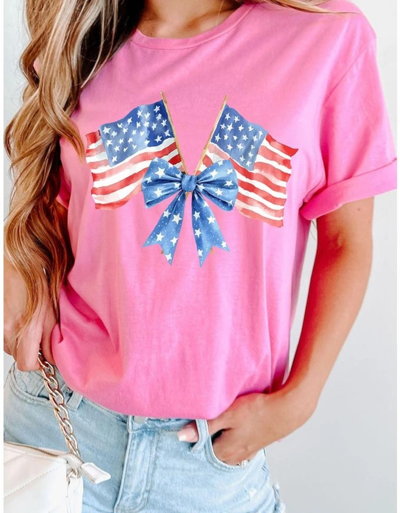 Sachet Pink Dual American Flag Bow Printed Casual T Shirt