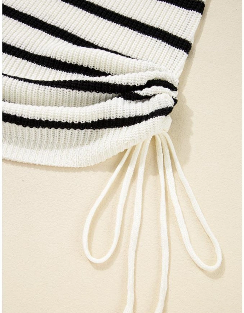 Black Stripe Knitted Drawstring Detail Sleeveless Dress