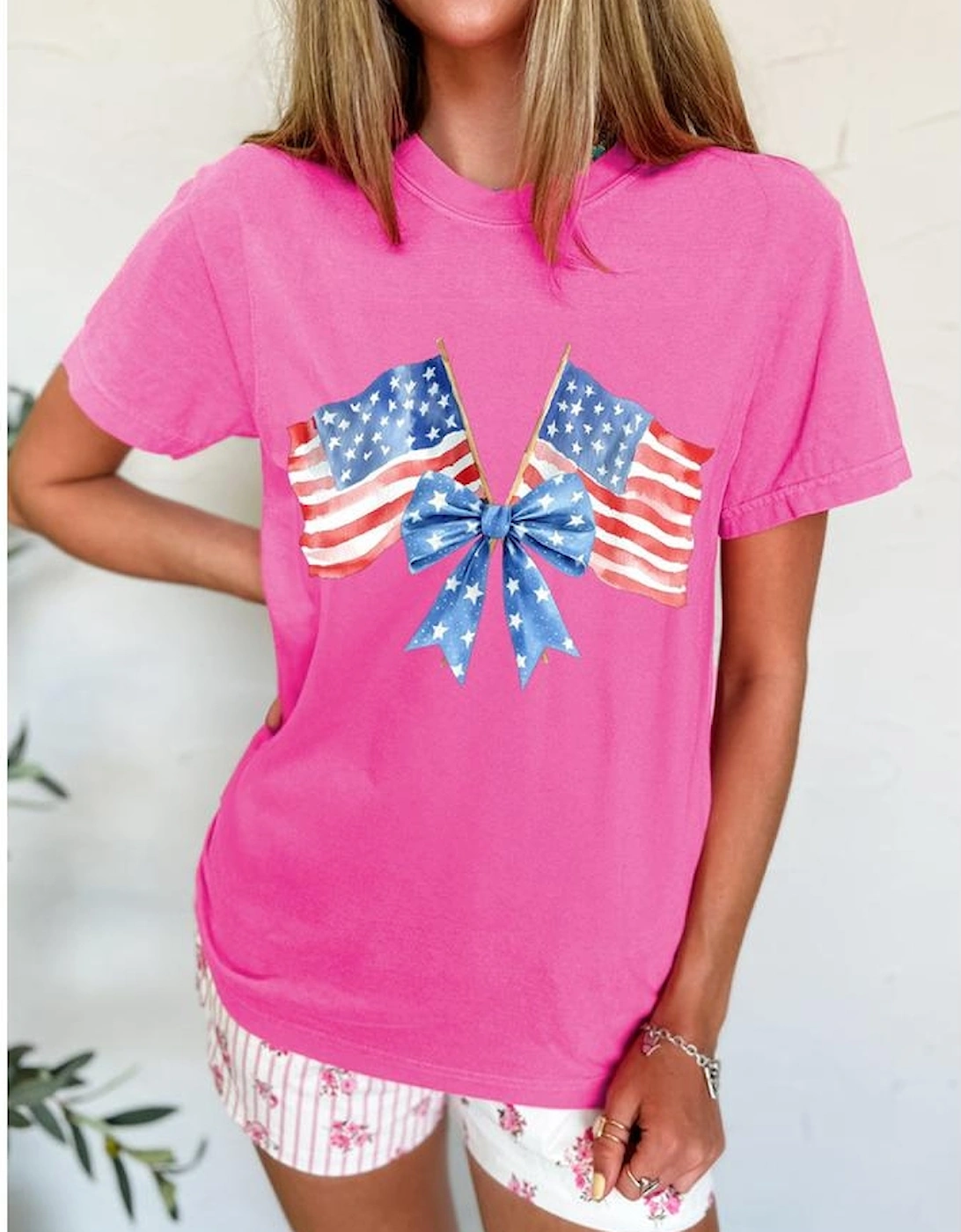 Sachet Pink Dual American Flag Bow Printed Casual T Shirt