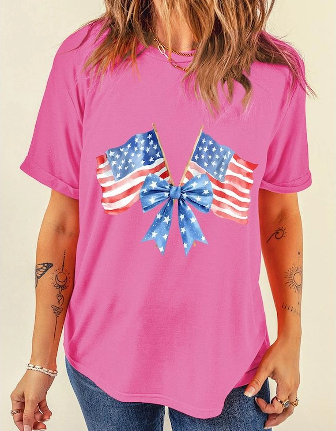 Sachet Pink Dual American Flag Bow Printed Casual T Shirt