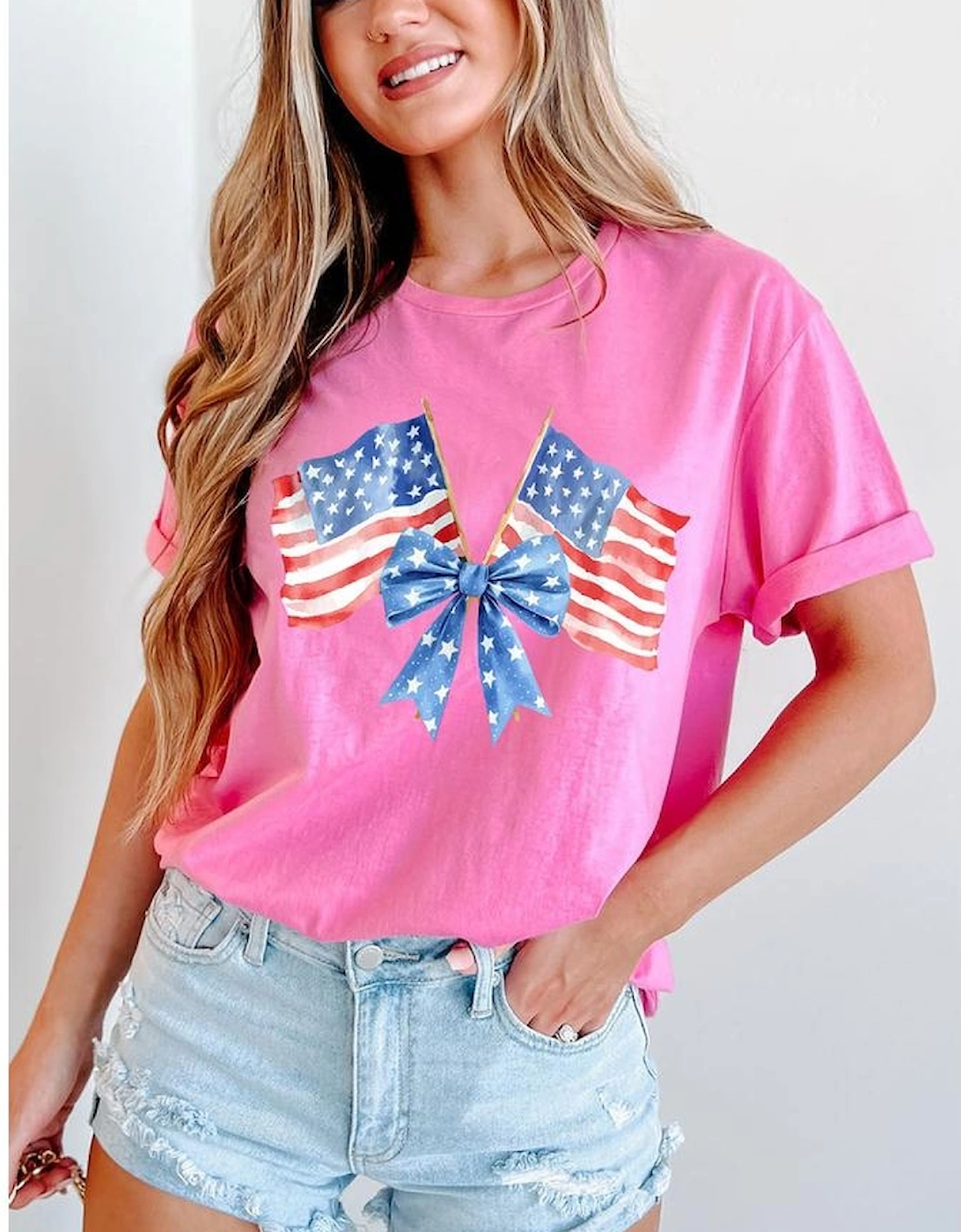 Sachet Pink Dual American Flag Bow Printed Casual T Shirt