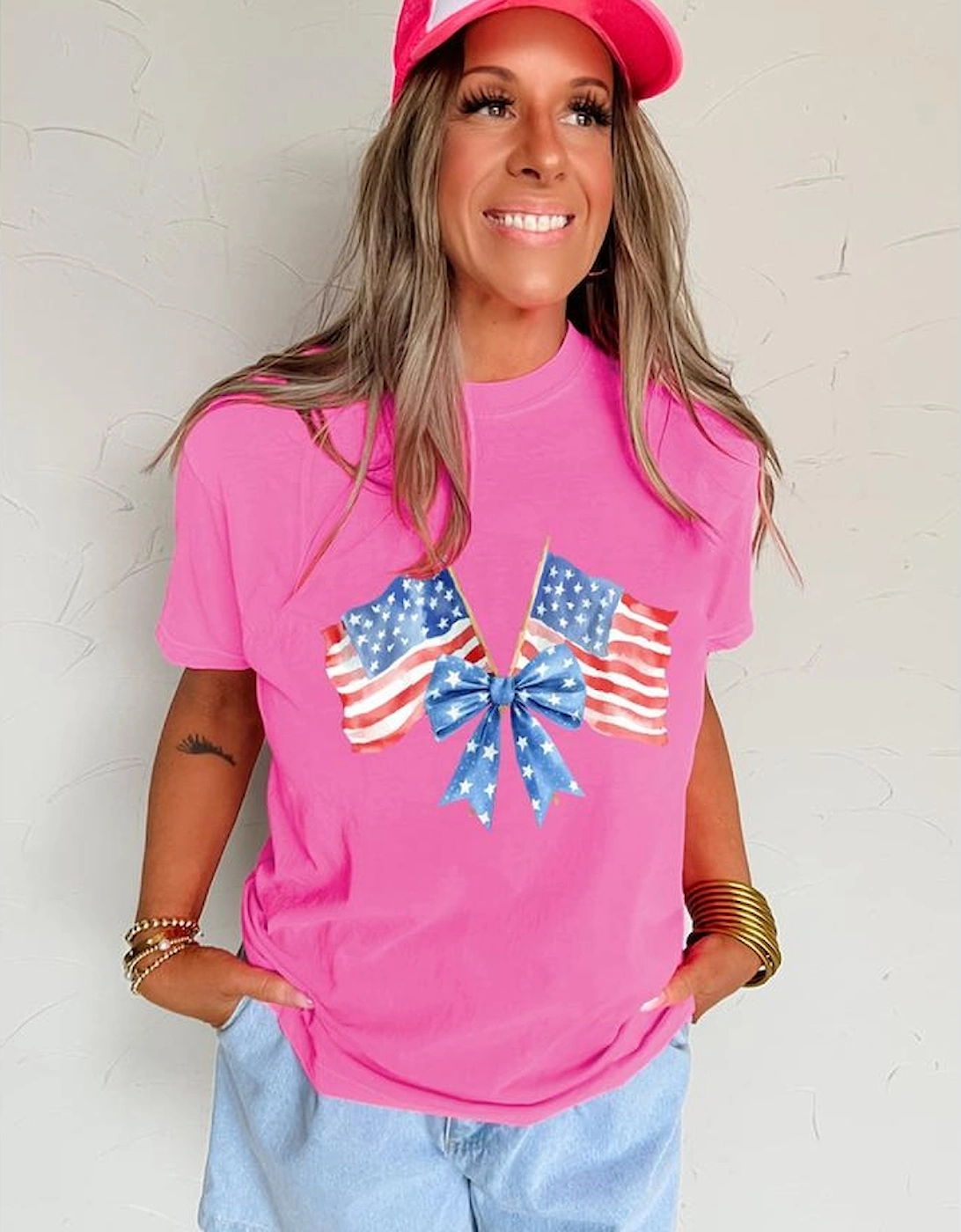 Sachet Pink Dual American Flag Bow Printed Casual T Shirt