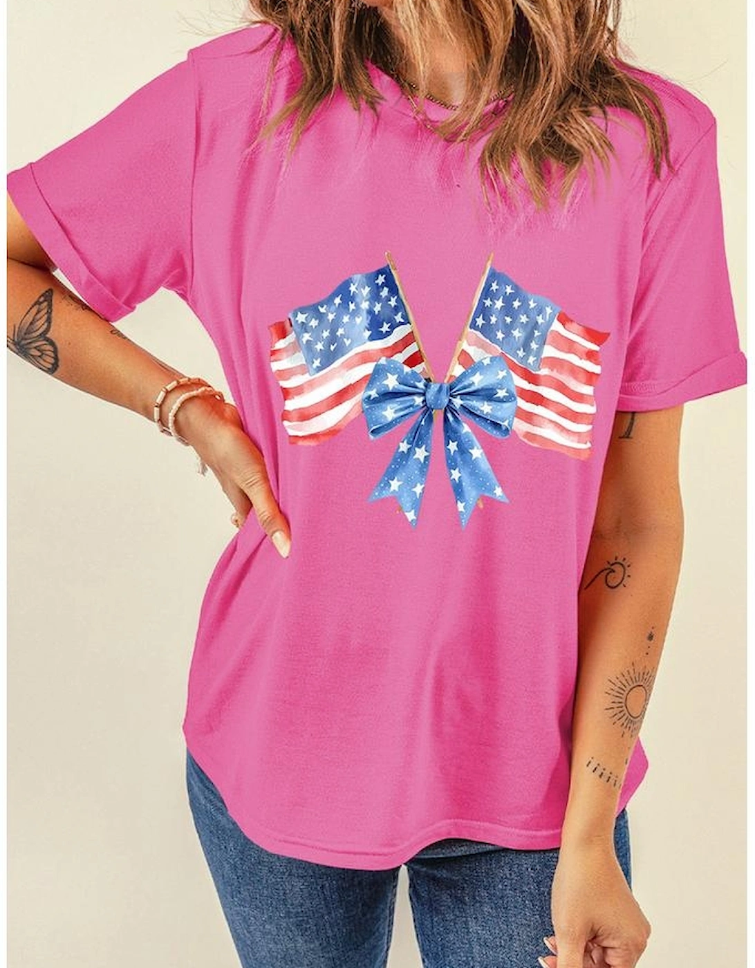 Sachet Pink Dual American Flag Bow Printed Casual T Shirt