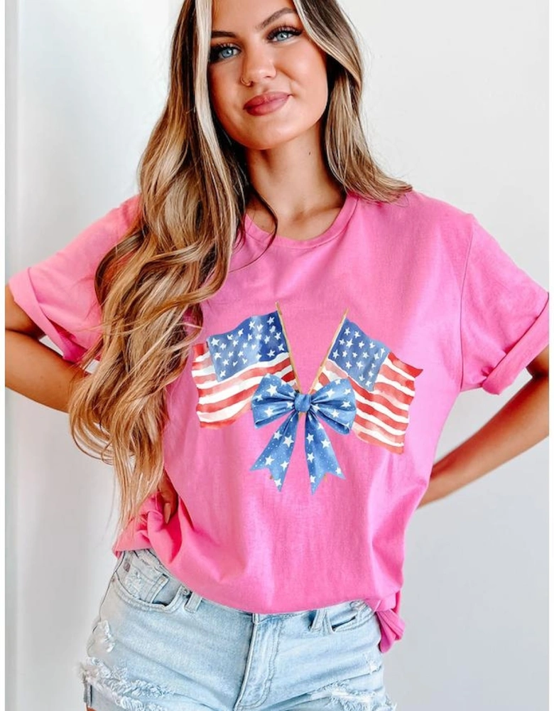 Sachet Pink Dual American Flag Bow Printed Casual T Shirt