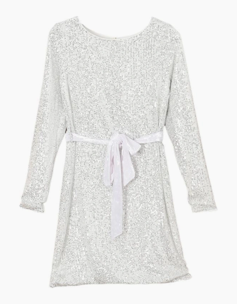 Silvery Sequin Long Sleeve Tie Waist Mini Dress