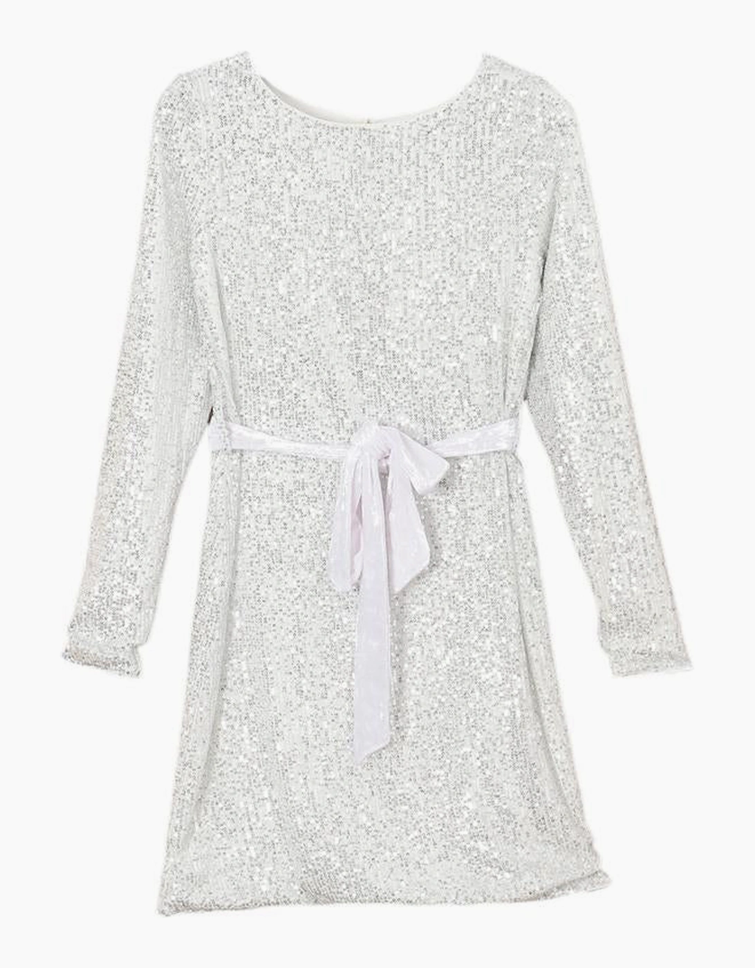 Silvery Sequin Long Sleeve Tie Waist Mini Dress