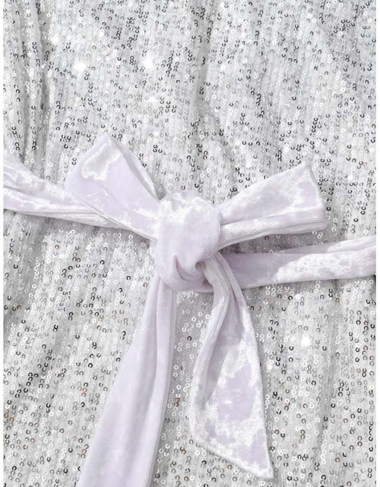 Silvery Sequin Long Sleeve Tie Waist Mini Dress