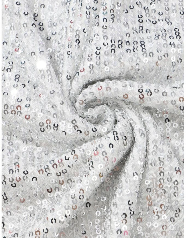 Silvery Sequin Long Sleeve Tie Waist Mini Dress