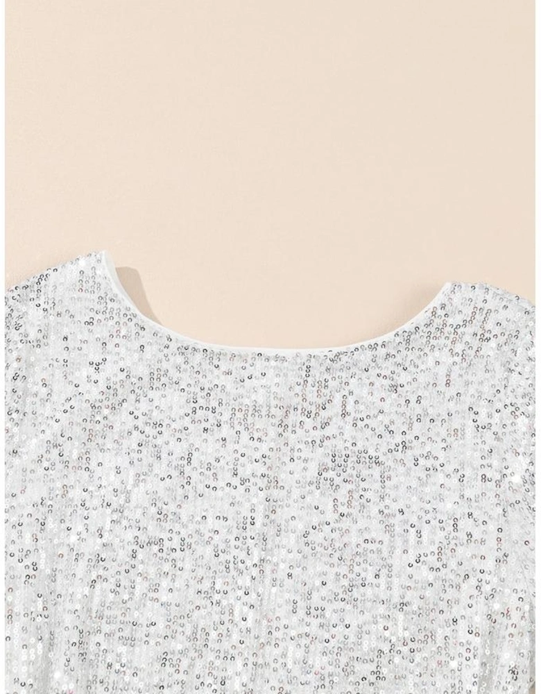 Silvery Sequin Long Sleeve Tie Waist Mini Dress