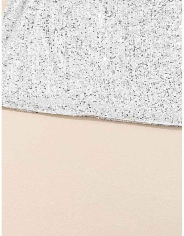 Silvery Sequin Long Sleeve Tie Waist Mini Dress