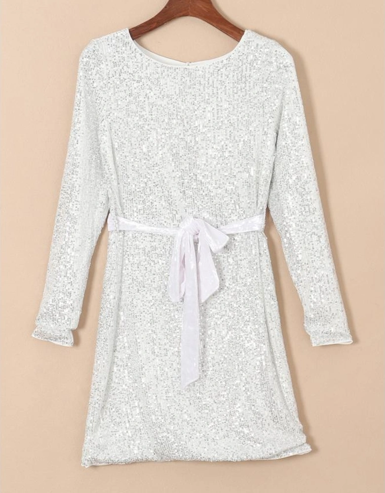 Silvery Sequin Long Sleeve Tie Waist Mini Dress