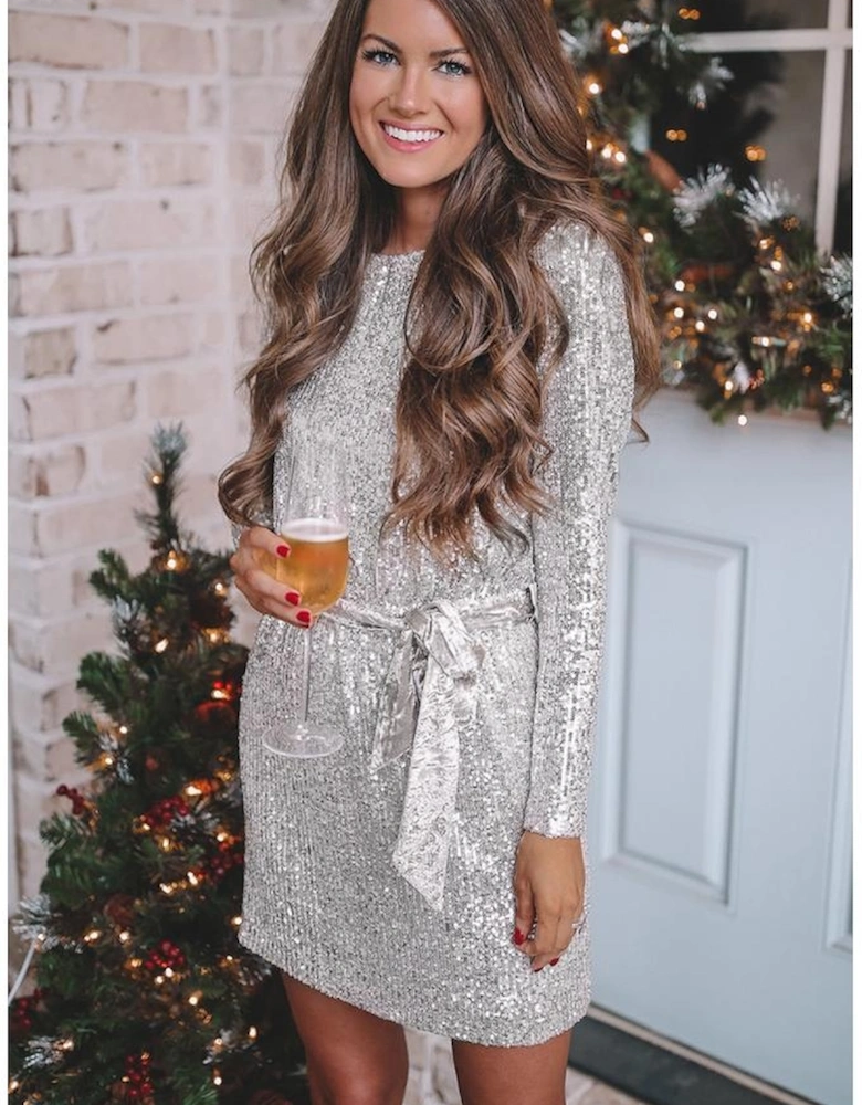 Silvery Sequin Long Sleeve Tie Waist Mini Dress