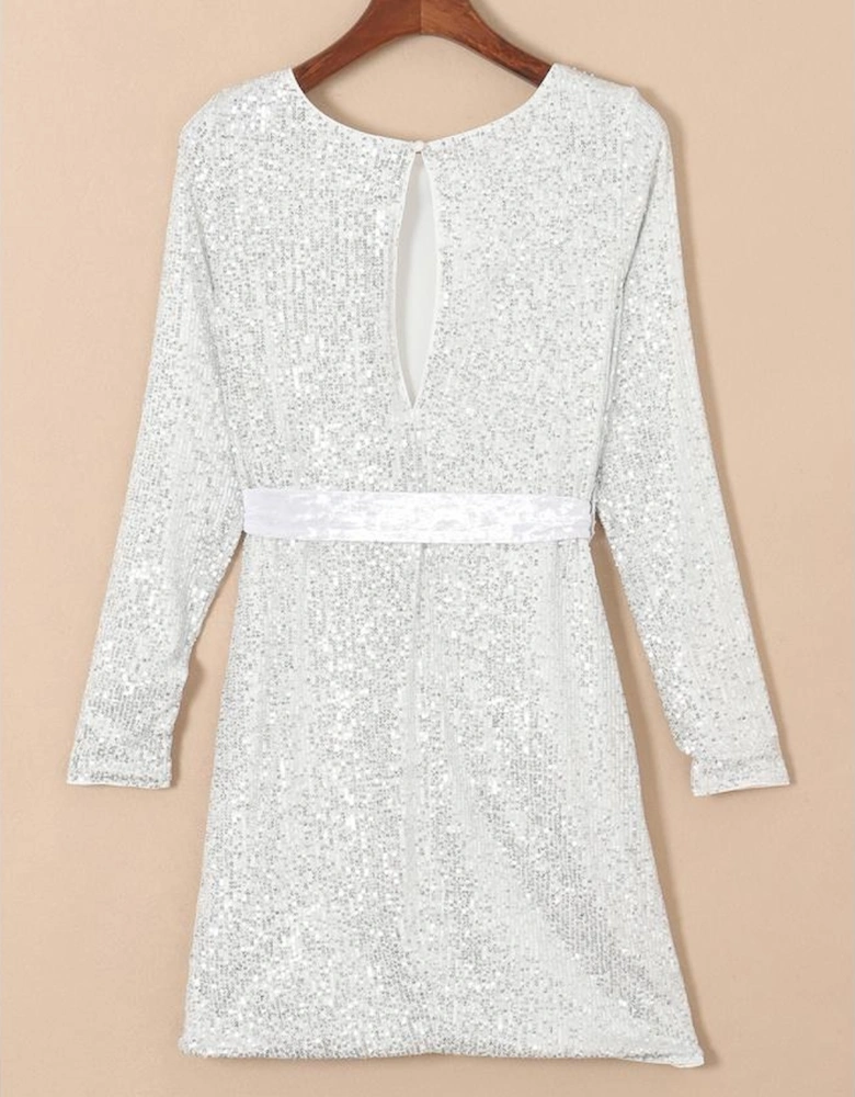 Silvery Sequin Long Sleeve Tie Waist Mini Dress