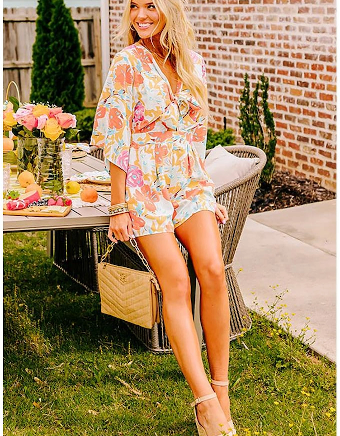 Orange Blooming Floral Print Front Tie Romper