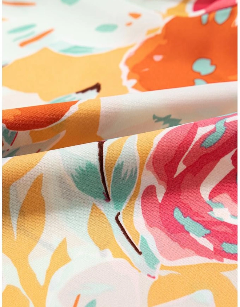 Orange Blooming Floral Print Front Tie Romper