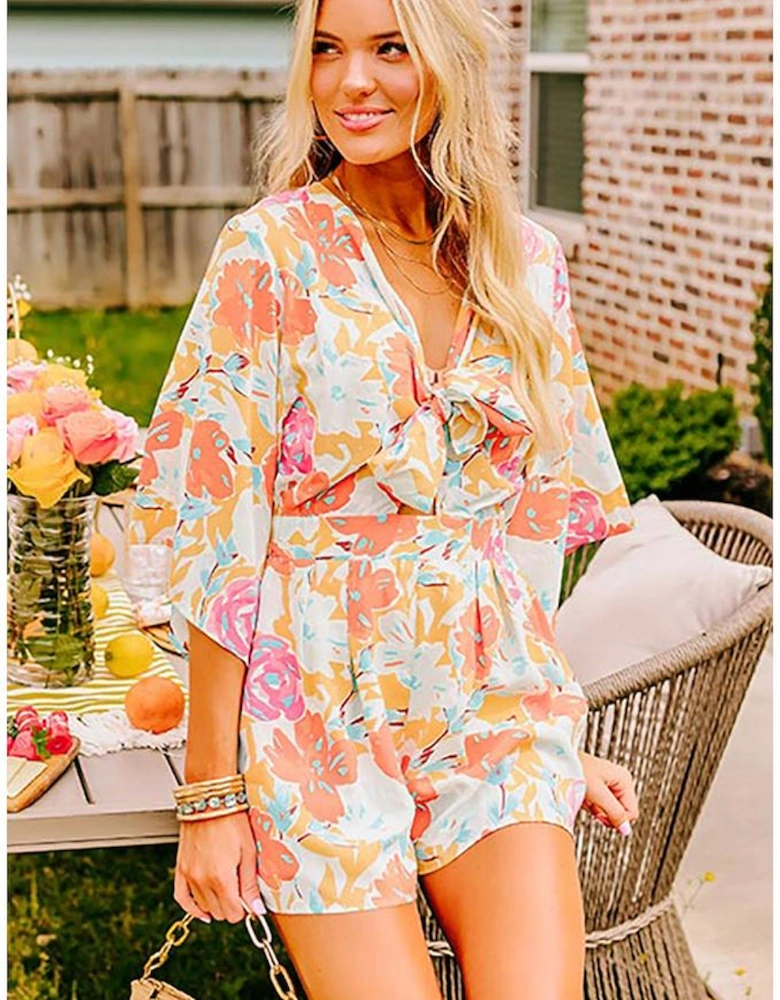 Orange Blooming Floral Print Front Tie Romper