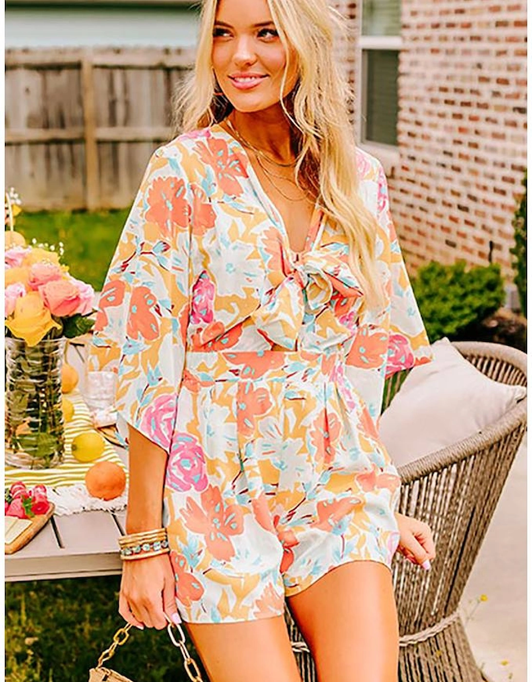 Orange Blooming Floral Print Front Tie Romper