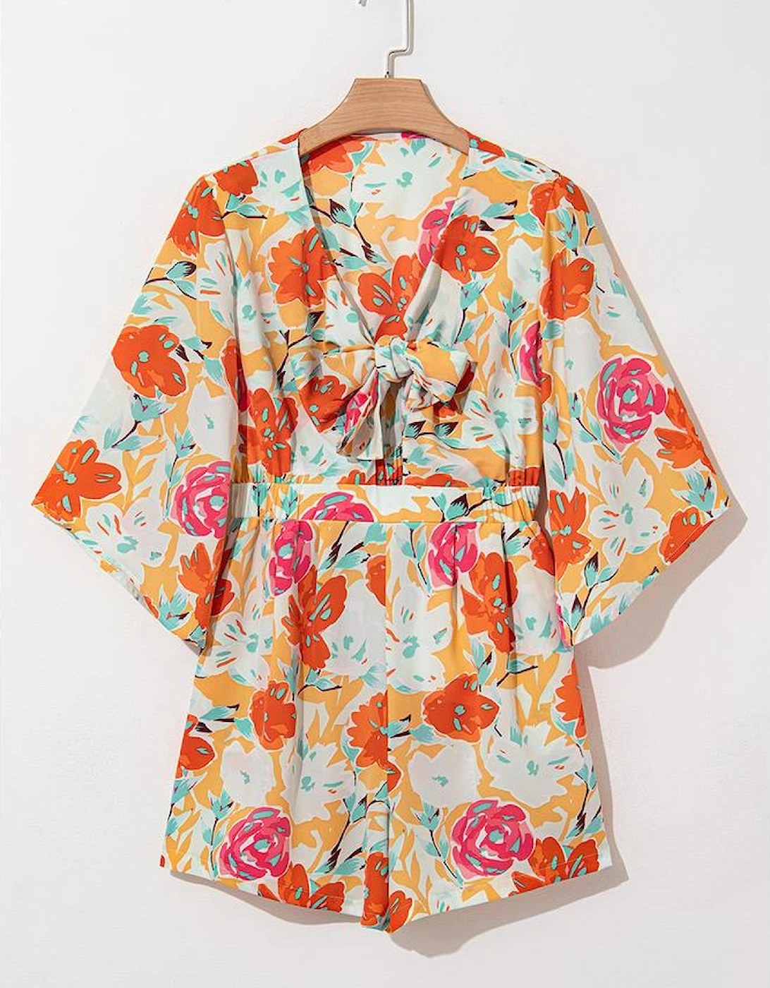 Orange Blooming Floral Print Front Tie Romper