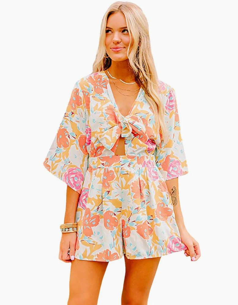 Orange Blooming Floral Print Front Tie Romper