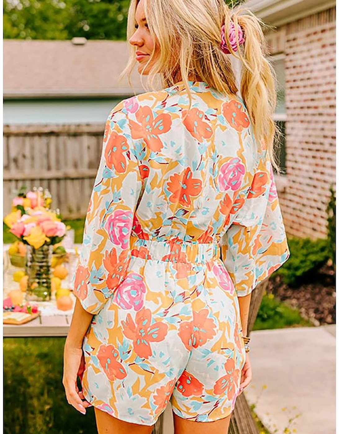 Orange Blooming Floral Print Front Tie Romper