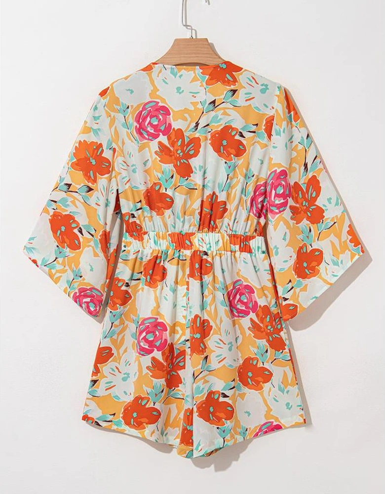 Orange Blooming Floral Print Front Tie Romper