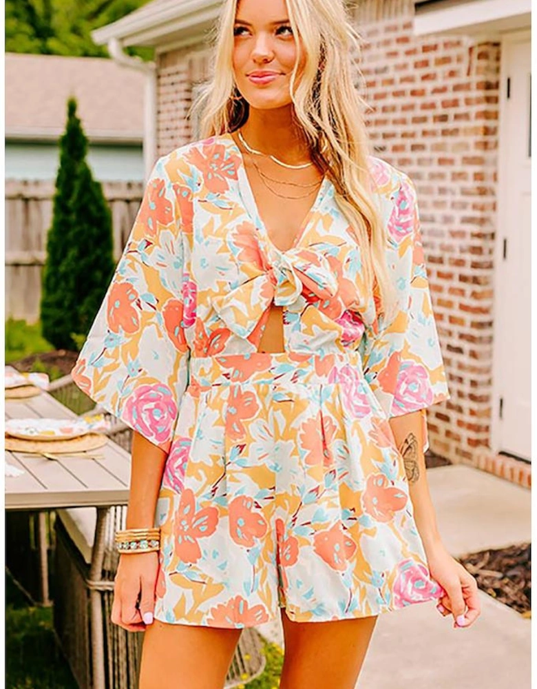 Orange Blooming Floral Print Front Tie Romper