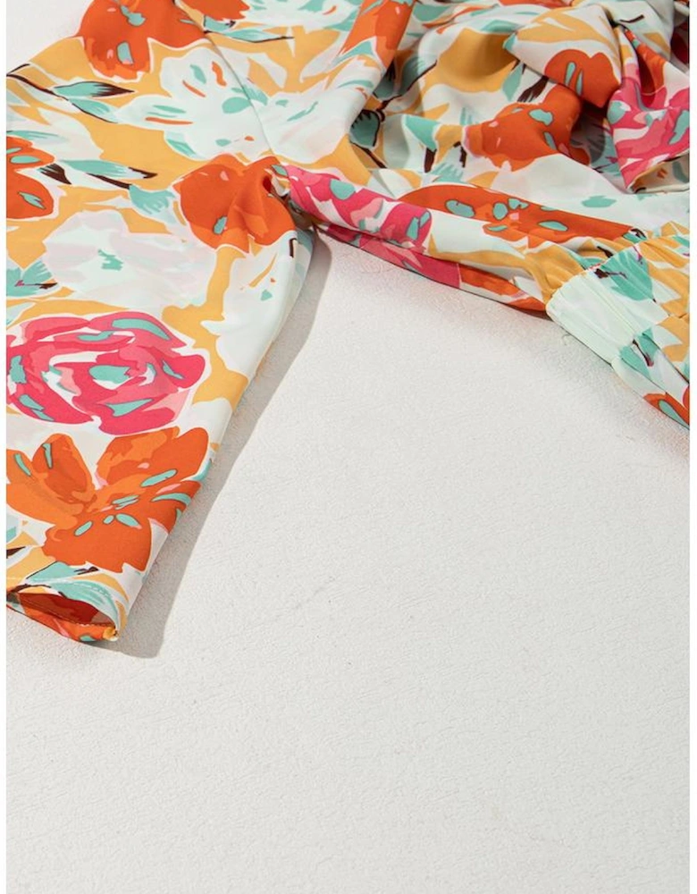 Orange Blooming Floral Print Front Tie Romper