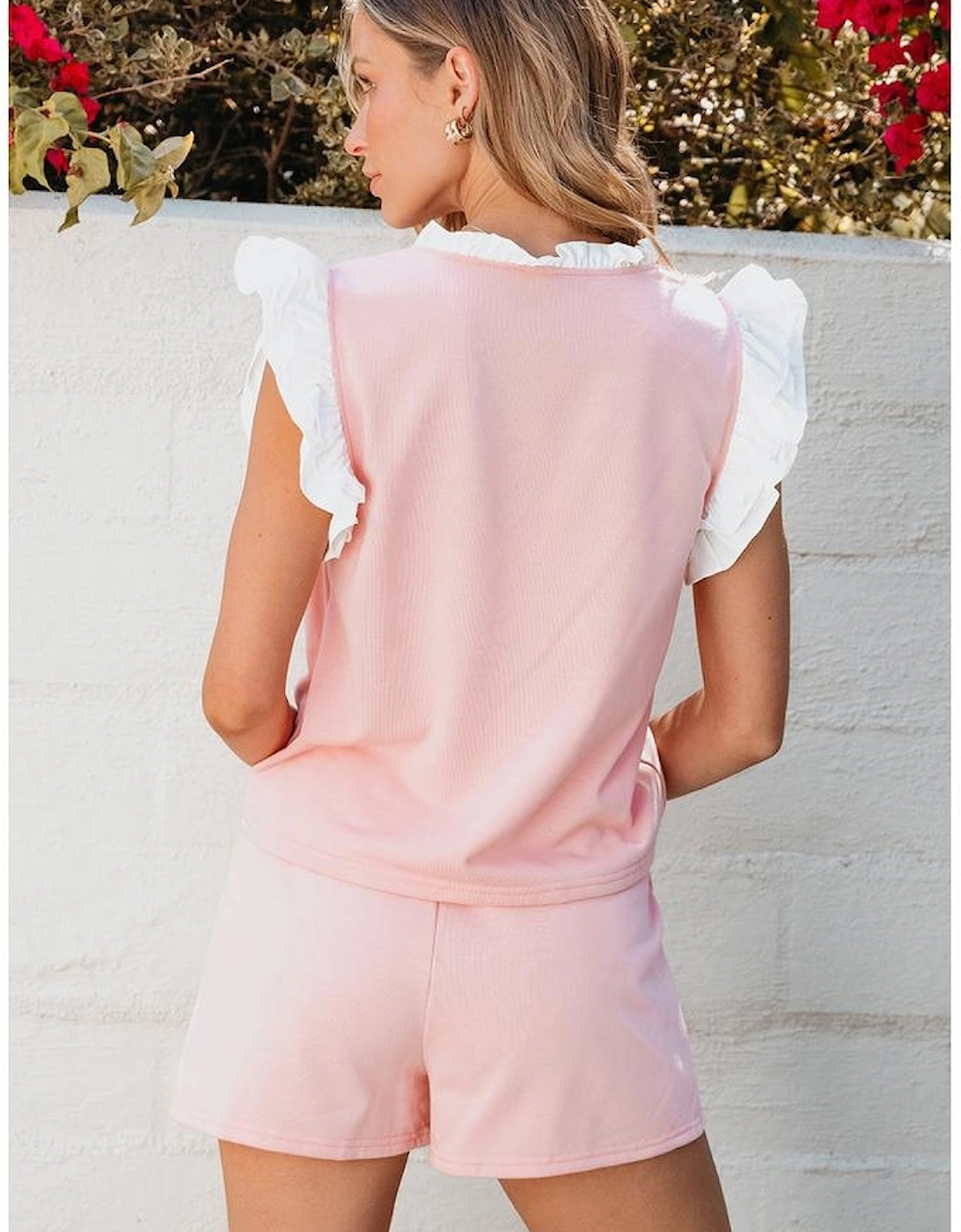 Light Pink Contrast Trim Ruffled Top and Drawstring Shorts Set, 15 of 14