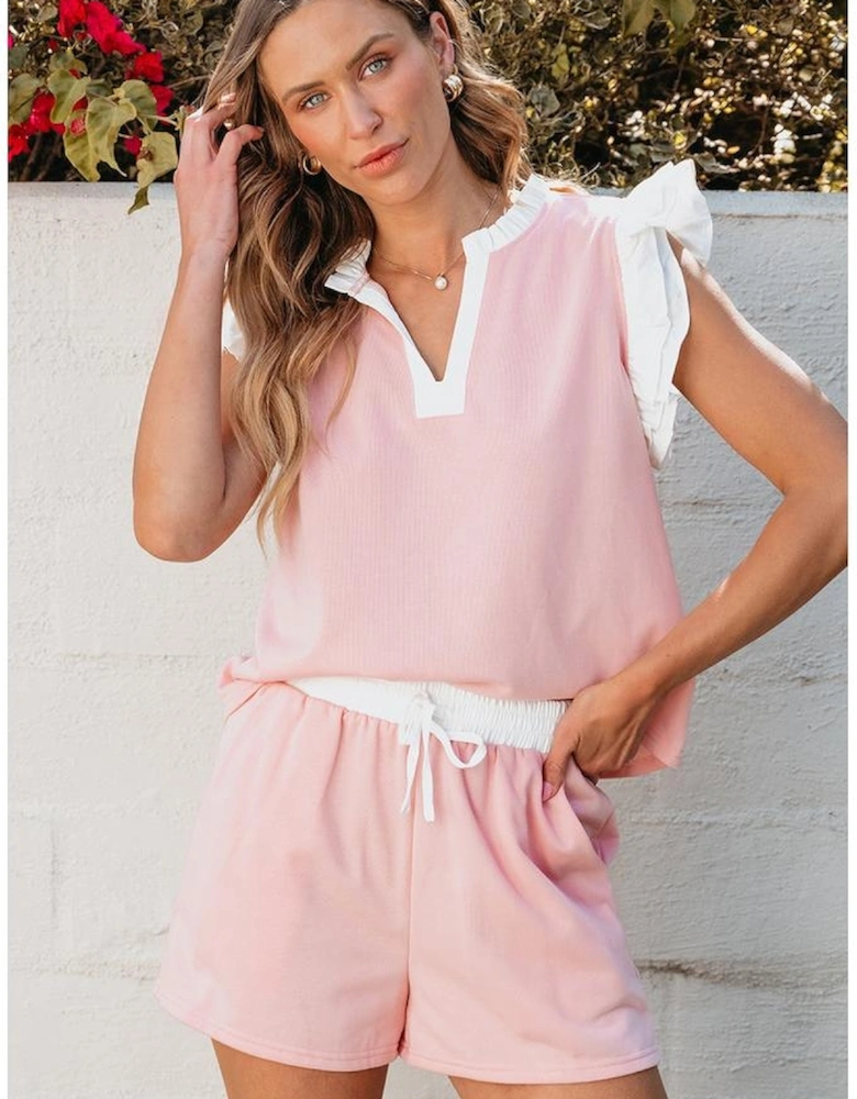 Light Pink Contrast Trim Ruffled Top and Drawstring Shorts Set